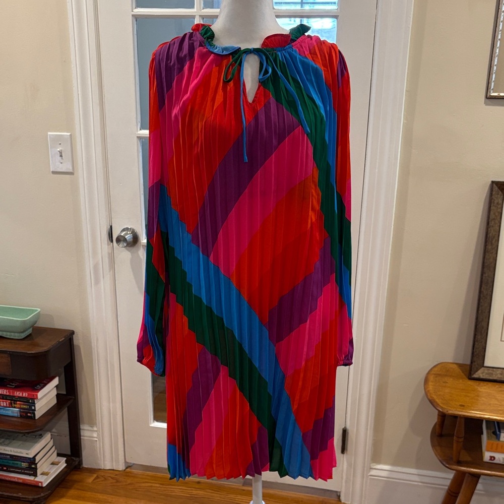 Skies Are Blue Rainbow Stripe Pleated Dress with Ruffled Neckline. Size L